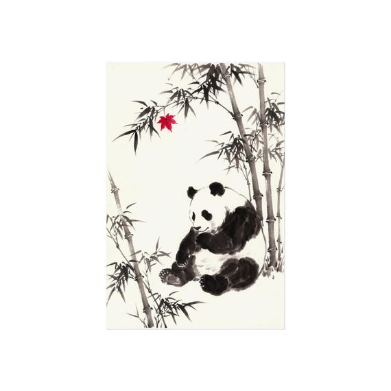 Panda Bamboo Ink Art Print | Serene Black White Wall Poster
