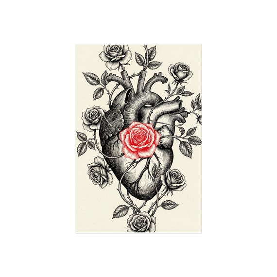 Heart Roses | Anatomical Floral Art | Black & White Ink Wall Art | Poster