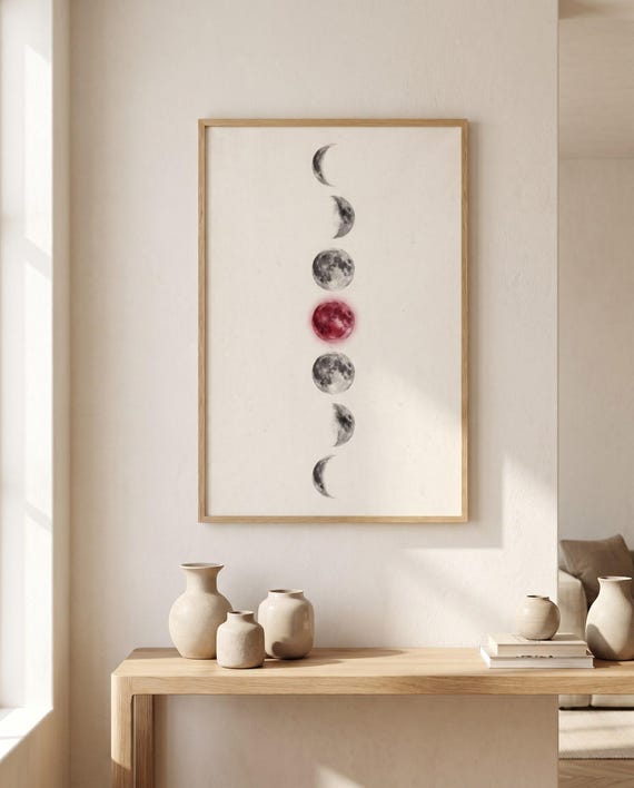 Moon Phases Ink Print | Black White Red Celestial Art (Digital Download)