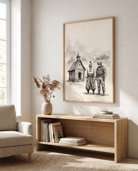 Cossack and Soldier Pray at a Chapel | Ukrainian Cossack Wall Art | Black & White Ink | Digital Download