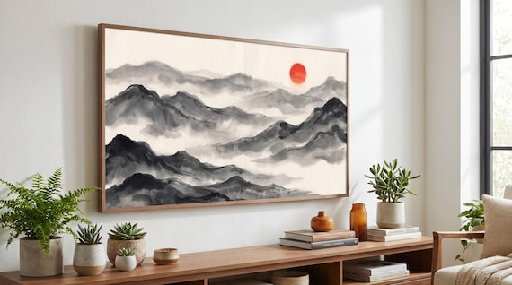 Samsung Frame TV Art + Printable Wall Art | Misty Mountains Red Sun | 4K 16:9 + Print | Digital Download
