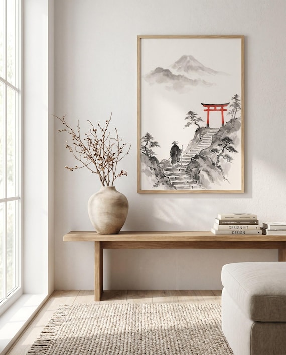 Pilgrim Torii Gate Steps Ink Art | Black White Red Japandi Print (Digital Download)