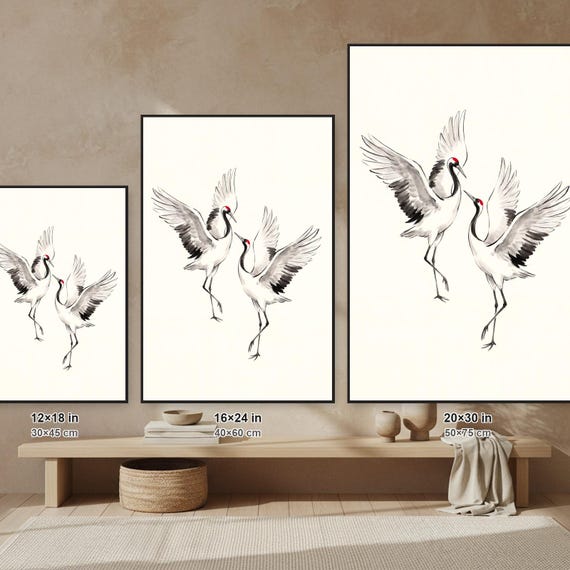 Pair of Cranes Dancing | Black & White Sumi-e Ink Wall Art | Poster Print