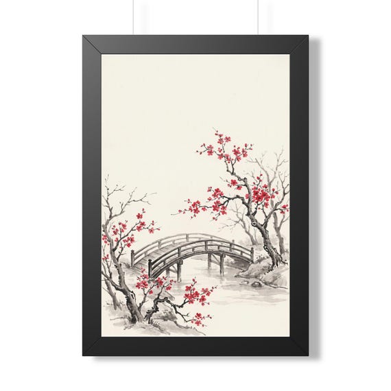 Bridge | Framed Cherry Blossom Sumi-e | Black & White Ink