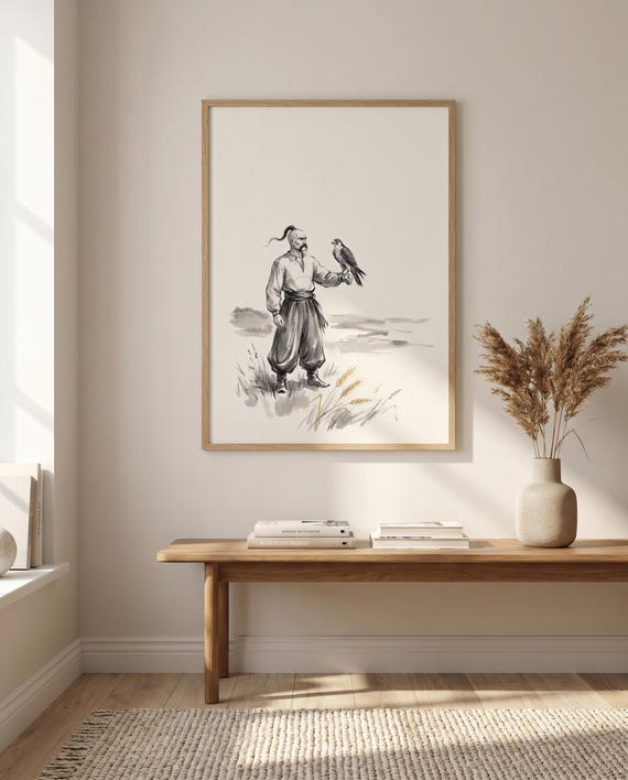 Ukrainian Cossack with Falcon on Steppe | Black White Ink Sumi-e Art | Printable Wall Art | Instant Download