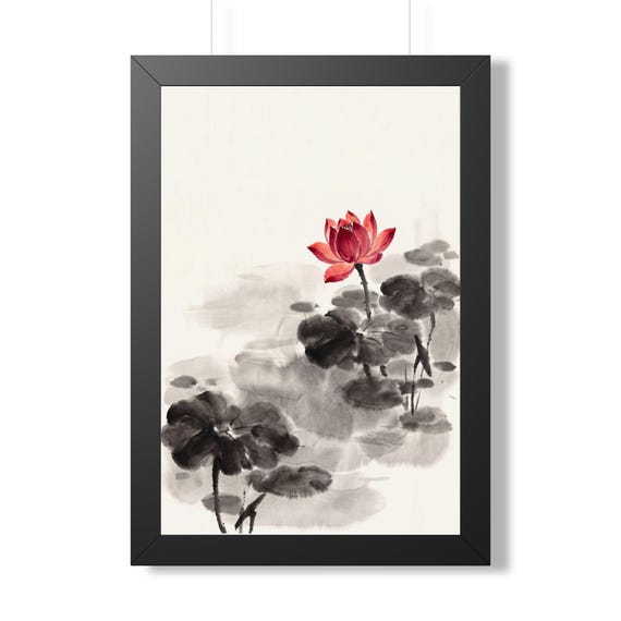 Pond | Framed Lotus Flower Ink Art | Black & White Ink