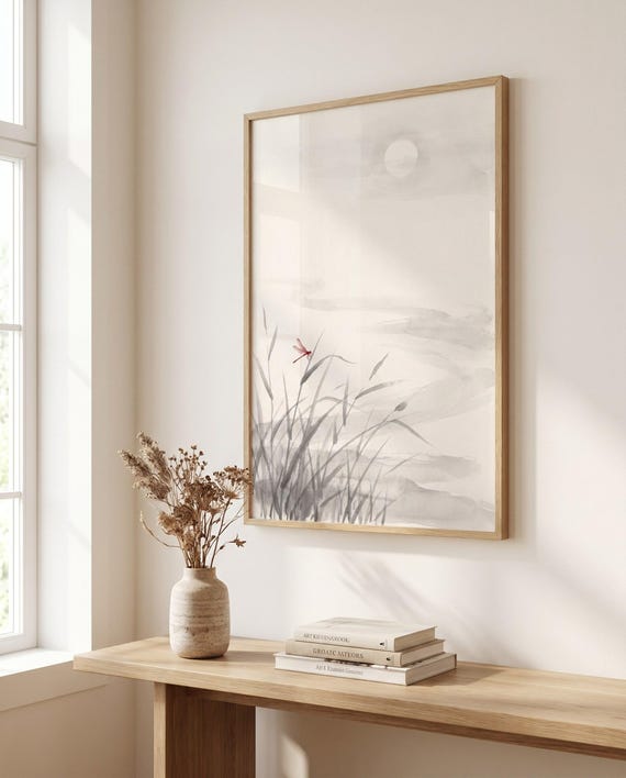 Moonlit Lake Reeds Ink | Black White Red Minimalist Wall Art | Printable Digital Download | Zen Japandi Decor