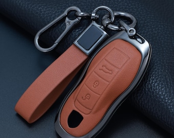 Personalized Leather Key Fob Cover for Porsche Cayenne Macan Panamera 911, Custom Engraved Name & Logo Case, Luxury New Car Gift for Him