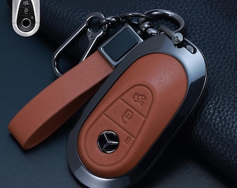 Personalized Leather Key Fob Cover for Mercedes-Benz C E S Class GLC GLE, Custom Engraved Name Initials & Logo, Luxury New Car Gift for Him