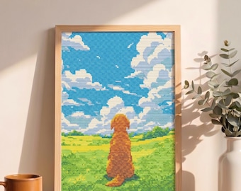 May include: A framed pixel art print depicts a golden retriever dog gazing at a blue sky with fluffy white clouds. The dog sits in a green field with yellow flowers. The artwork is in a light wood frame.