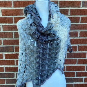 Grey Ombré Sawtooth Shawl // Crochet Wrap // Handmade Asymmetric Shawl