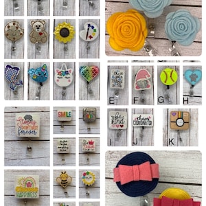 May include: A collection of 24 colorful felt badge reels with various designs, including a peach, watermelon, taco, milk carton, flowers, a mermaid, a unicorn, a gnome, a baseball, a sunflower, a paint palette, a rainbow, a bee, a sun, a crown, a heart, a paw print, a camera, a bow, and inspirational quotes.
