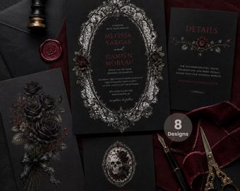 Puede incluir: Un conjunto de papelería de boda de temática gótica en negro y burdeos. La invitación presenta un marco ovalado adornado con los nombres "Melissa Vargas y Damien Moreau". Otras tarjetas incluyen detalles, un ramo y un diseño de calavera. También hay un sello de cera, un bolígrafo y unas tijeras.