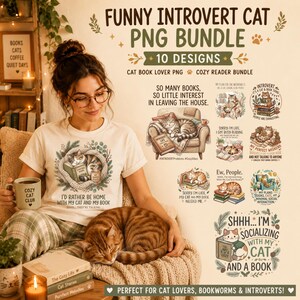 Pacchetto di 10 immagini PNG divertenti per introversi, PNG per amanti dei gatti e dei libri, immagini PNG per lettori accoglienti da sublimazione
