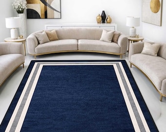 Navy Blue Bordered Rug, Minimalist Modern Rug, Contemporary Area Rug, Elegant Living Room Rug, Simple Framed Floor Decor