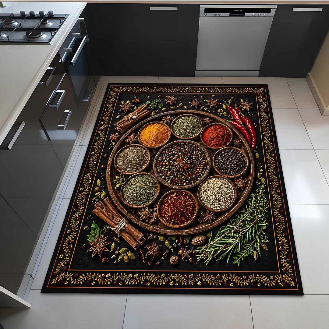 Spice Herbs Kitchen Rug, Rustic Food Pattern Decor, Digitally Printed ...