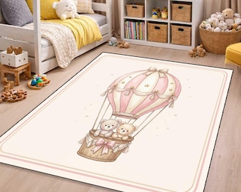 Air Balloon Teddy Bear Rug, Pastel Nursery Carpet, Minimal Kids Room Decor