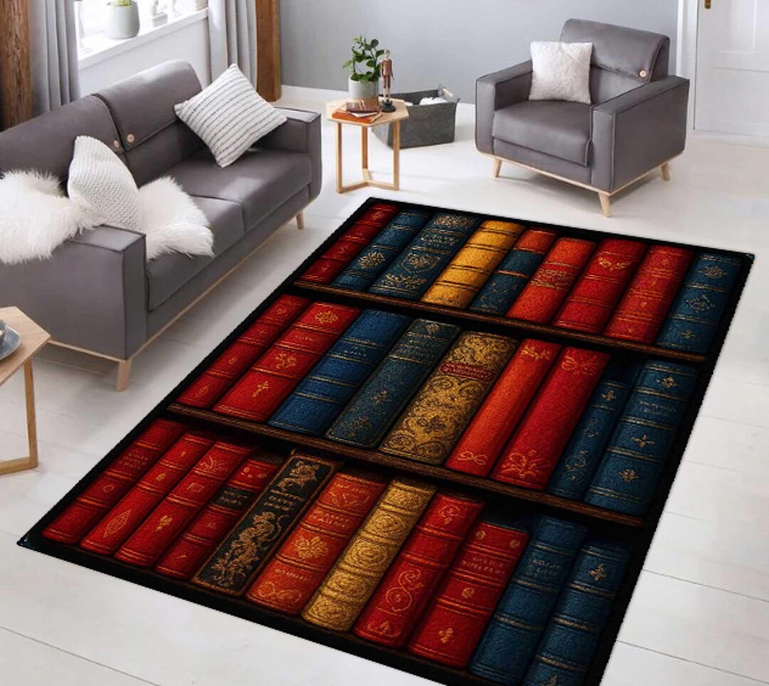 Literary Rug Library Bookshelf Rug, Antique Book Spines Carpet, Literary Themed Area ...
