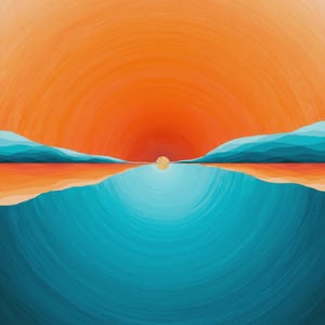 May include: An abstract painting of a sunset over water. The sky is a gradient of orange and red, with a golden sun. Below, blue water reflects the sky and sun, with blue and teal mountains in the distance.