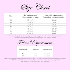 May include: A size chart and fabric requirements table for a skirt pattern. The size chart lists XXS to XXL with hip and low waist measurements in inches. The fabric requirements table shows fabric width in inches and length in metres and yards.