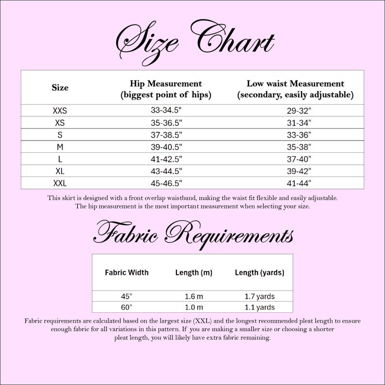 May include: A size chart and fabric requirements table for a skirt pattern. The size chart lists XXS to XXL with hip and low waist measurements in inches. The fabric requirements table shows fabric width in inches and length in metres and yards.