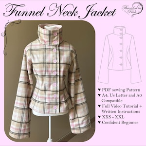 May include: A funnel neck jacket with a beige, pink, and brown plaid pattern, featuring long flared sleeves and a front button closure. The image includes a line drawing of the jacket and text: Funnel Neck Jacket, PDF sewing Pattern, A4, US Letter and A0 Compatible, Full Video Tutorial + Written Instructions, XXS - XXL, Confident Beginner.