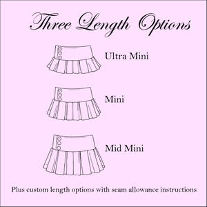 May include: A diagram on a light pink background showing Three Length Options for a skirt. The options are labelled Ultra Mini, Mini, and Mid Mini, each featuring a skirt with a flat waistband, three side buttons, and a pleated lower section.