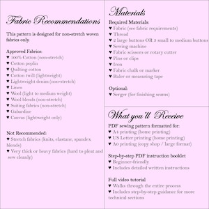 May include: A light pink informational document for a sewing pattern. It lists fabric recommendations including cotton, linen, and wool, required materials like thread and buttons, and details on receiving a PDF pattern, instructions, and video tutorial.