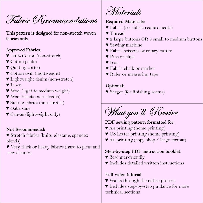 May include: A light pink informational document for a sewing pattern. It lists fabric recommendations including cotton, linen, and wool, required materials like thread and buttons, and details on receiving a PDF pattern, instructions, and video tutorial.