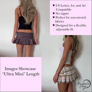 May include: A pleated ultra mini skirt featuring a plaid pattern in black and pink, or a beige, white, and pink plaid version. The design is compatible with US Letter, A4, and A0 formats, includes no zip, and is intended for non-stretch fabrics.