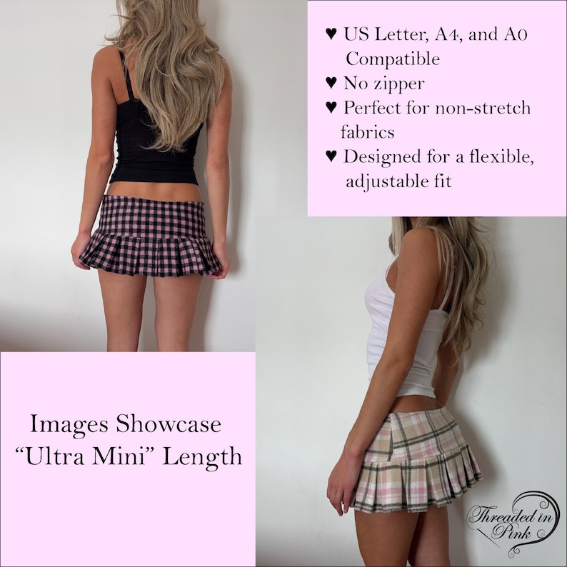 May include: A pleated ultra mini skirt featuring a plaid pattern in black and pink, or a beige, white, and pink plaid version. The design is compatible with US Letter, A4, and A0 formats, includes no zip, and is intended for non-stretch fabrics.