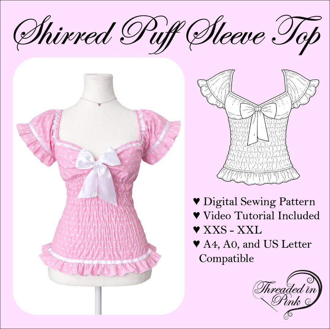 Shirred Puff Sleeve Top Sewing Pattern PDF + Tutorial Video - Etsy ...