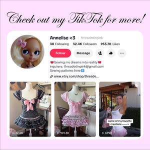 May include: A social media profile page for Annelise <3 featuring a doll avatar, follower statistics, and three video thumbnails showing a black polka dot top, a pink ruffled top, and a person wearing a white tank top with a pink skirt.