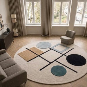 Modern Abstract Round Rug, Geometric Circle Carpet, Beige Grey Black Wool, Hand Tufted Textured Pile, Living Room Statement Art