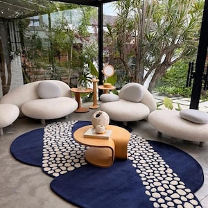 Modern Abstract Rug, Wave Pebble Pattern, Navy Blue Cream Wool, Hand Tufted Sculpted Pile, Living Room Area Carpet, 6x9, 9x12