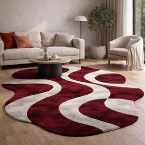Modern Abstract Area Rug, Wavy Ribbon Pattern, Burgundy Red and Cream White Wool, Hand Tufted Plush Texture, Statement Floor For Living Room