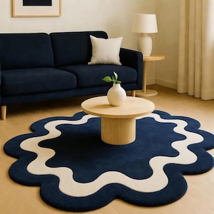 Modern Abstract Rug, Wavy Flower Shape, Navy Blue and Cream Wool, Hand Tufted Textured Shag, Living Room Bold Statement Accent Carpet