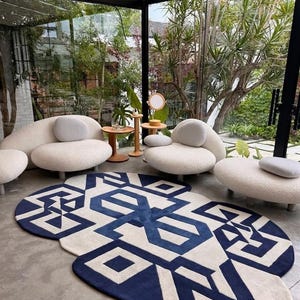 Modern Abstract Rug, Geometric Blue and Cream Area Carpet, Hand Tufted Contemporary Floor Decor, Bold Statement Rug, Living Room Rug, 8x10