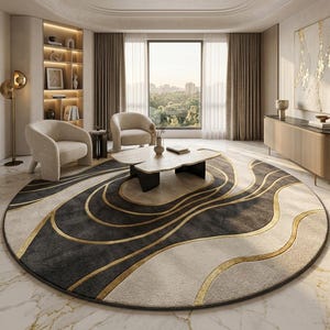 Könnte beinhalten: Ein großer runder Teppich mit einem fließenden, abstrakten Muster aus geschwungenen Linien in Dunkelgrau, Creme und Metallic-Gold. Der Teppich hat einen weichen, strukturierten Flor und liegt auf einem polierten weißen Marmorboden.