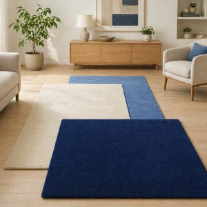 Modern Abstract Area Rug, Geometric Color Block Pattern, Navy Blue Cream Light Blue Wool, Hand Tufted Textured Carpet, Living Room Rug,6x9