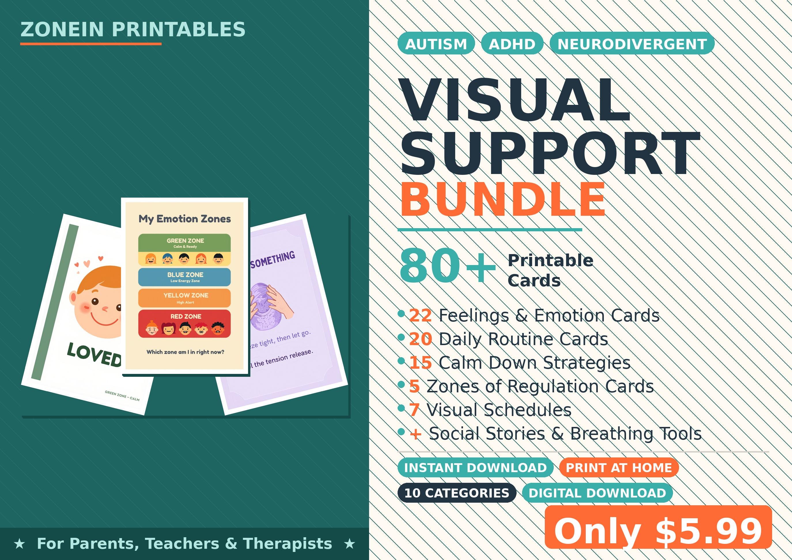 Autism ADHD Visual Support Bundle | Zones of Regulation Printable Cards ...