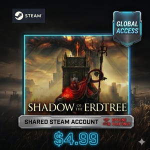 May include: A digital game advertisement for "Shadow of the Erdtree" on Steam. The image features a fantasy scene with a figure in red robes, a throne, and the text "SHADOW OF THE ERDTREE". The ad includes "GLOBAL ACCESS" and "SHARED STEAM ACCOUNT" text.