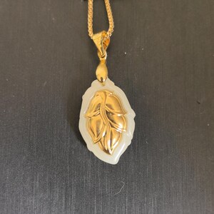 Golden Leaf Natural White Jade Pendant Necklace,Abundance Good Luck Talisman Jewelry,17 Inch Gold Plated Box Chain,Meaningful Gift for Women
