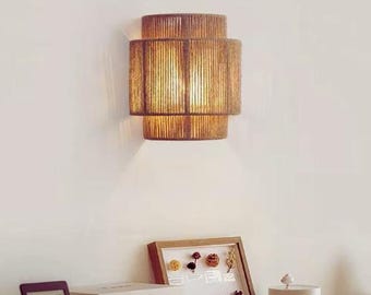 Rottingvägglampa Boho Vävd Vägglampa Rustik Rottinglampa Handgjord Naturlig Väggbelysning Sovrum Vardagsrumsinredning