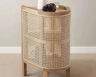 Mesa de cabeceira de vime, mesa de cabeceira de madeira, armário de armazenamento de vime, mesa de cabeceira boho, mesa lateral moderna para quarto, móveis de madeira natural