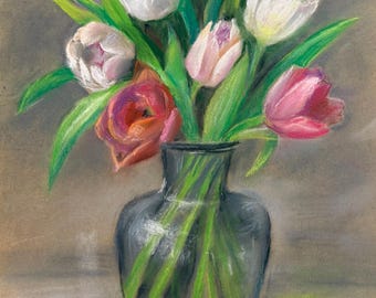 Soft Pastel Tulip Bouquet Drawing: Original Floral Still Life Art (35x50 cm)
