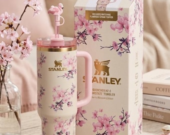 Cherry Blossom Stanley Tumbler 40 oz with Flamingo Straw Topper | Custom Sakura Floral  Insulated Quencher Anniversary Gift for Her