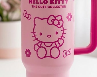 Hello Kitty Tumbler with Handle 40oz | Cute Pink Laser Engraved Travel Mug | Kawaii Stainless Steel Insulated Cup | Gift for Her