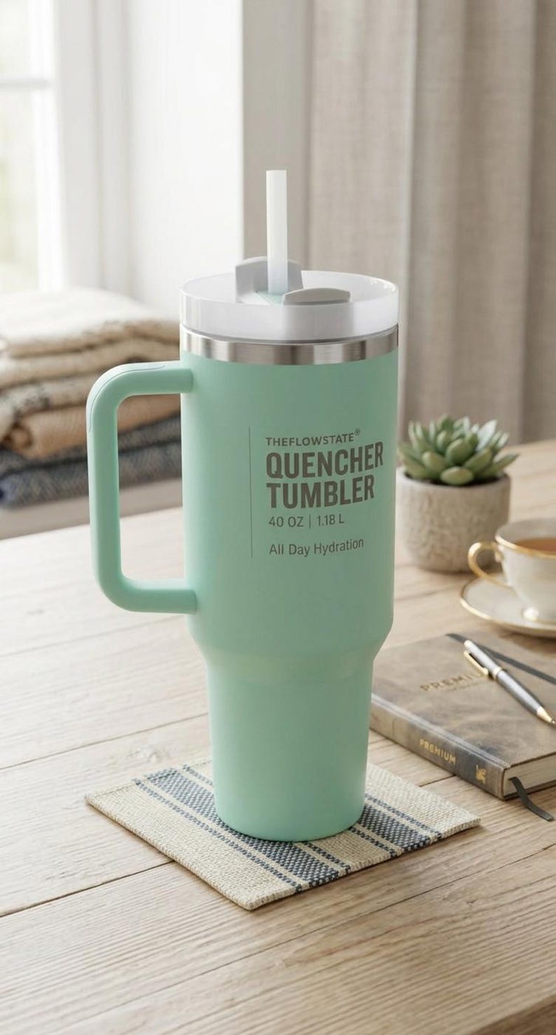 40 oz Quencher Tumbler with Handle and Straw | Mint Green Stainless Steel Travel Mug | Car Cup Holder Friendly Aesthetic Water Bottle bild 2