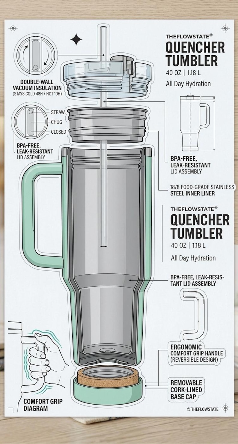 40 oz Quencher Tumbler with Handle and Straw | Mint Green Stainless Steel Travel Mug | Car Cup Holder Friendly Aesthetic Water Bottle bild 6